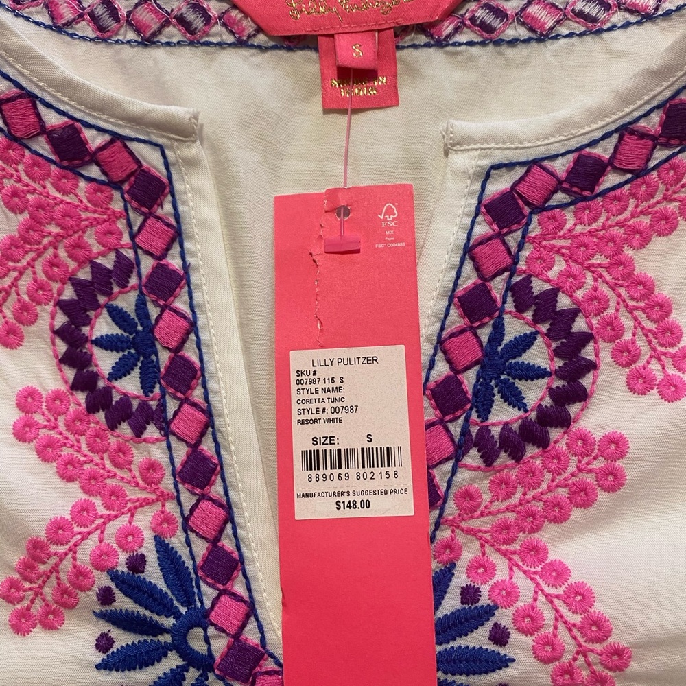 Lilly Pulitzer Pink and Purple Embroidered Coretta tunic. New with tags!